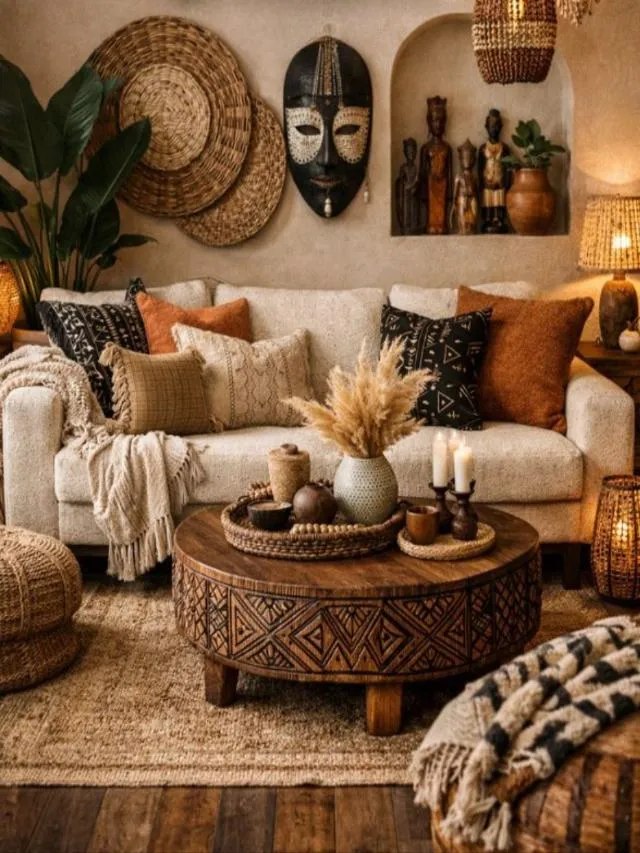 An warm living room, crowded with brightly patterned African textiles, carved wooden masks, and ochre throws