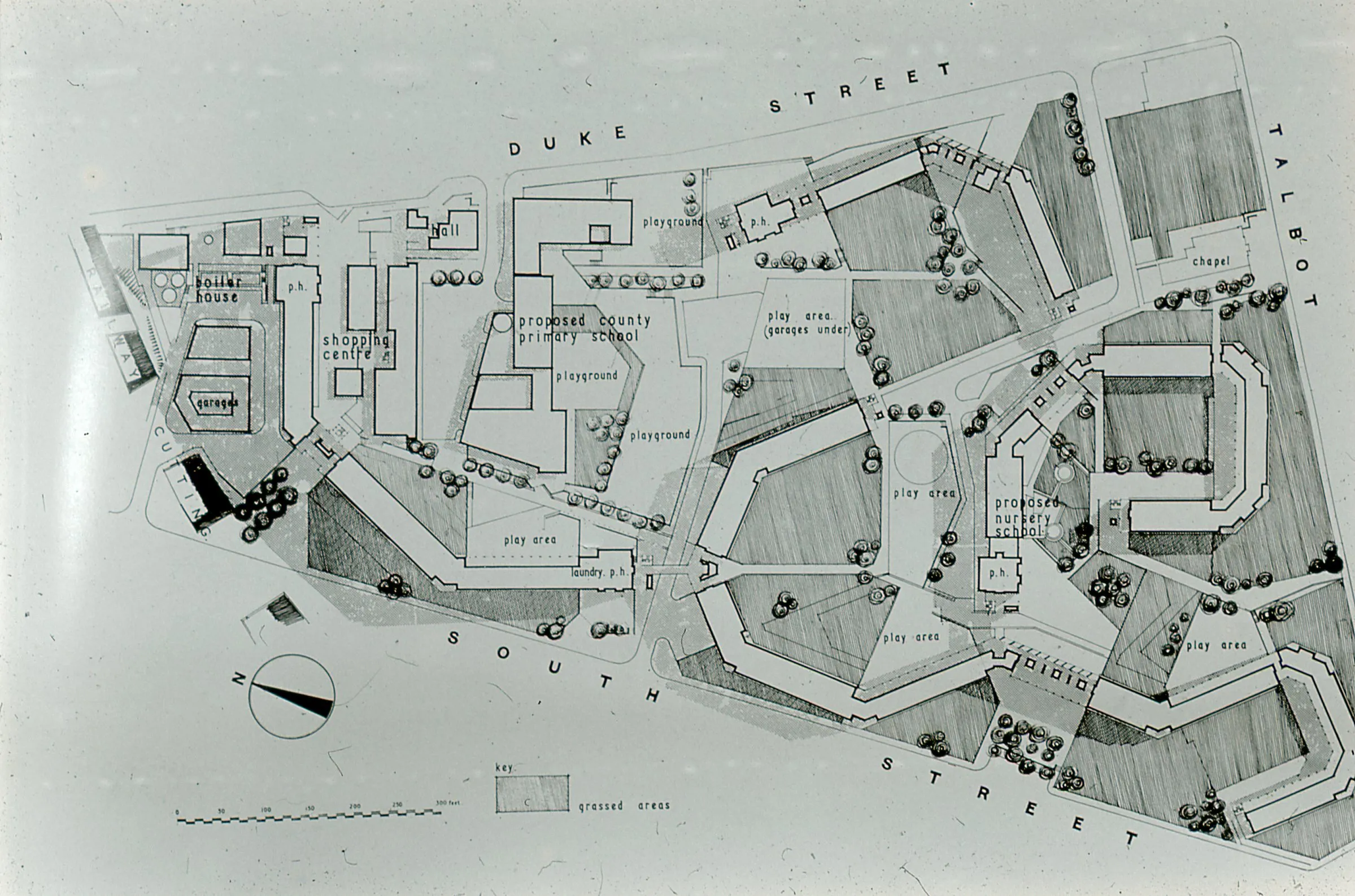 A faded stained hand drawn plan of the Park Hill State in Sheffield.