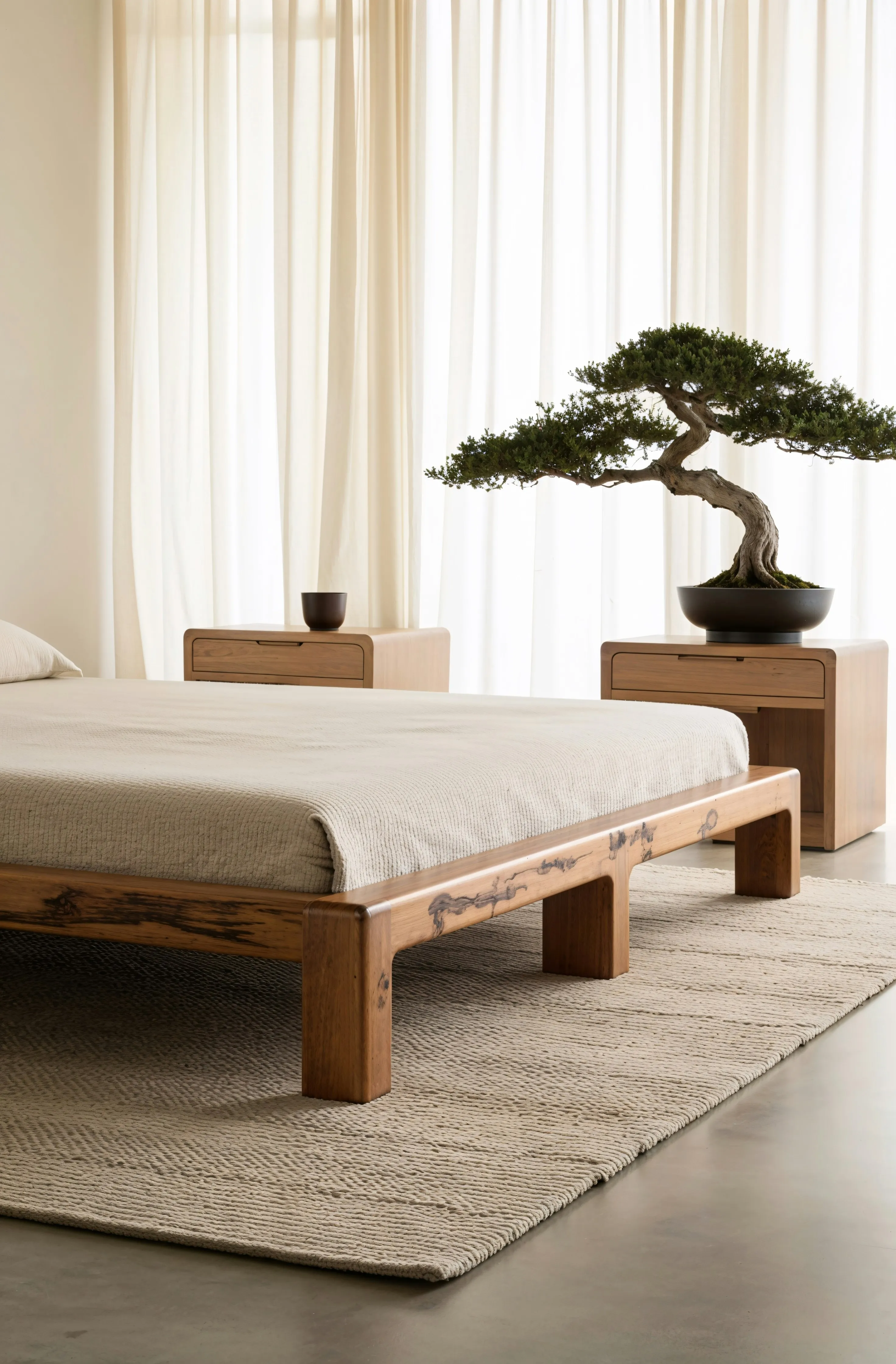 Low oak platform bed in undyed washed-linen bedding, a bonsai on the table beside it