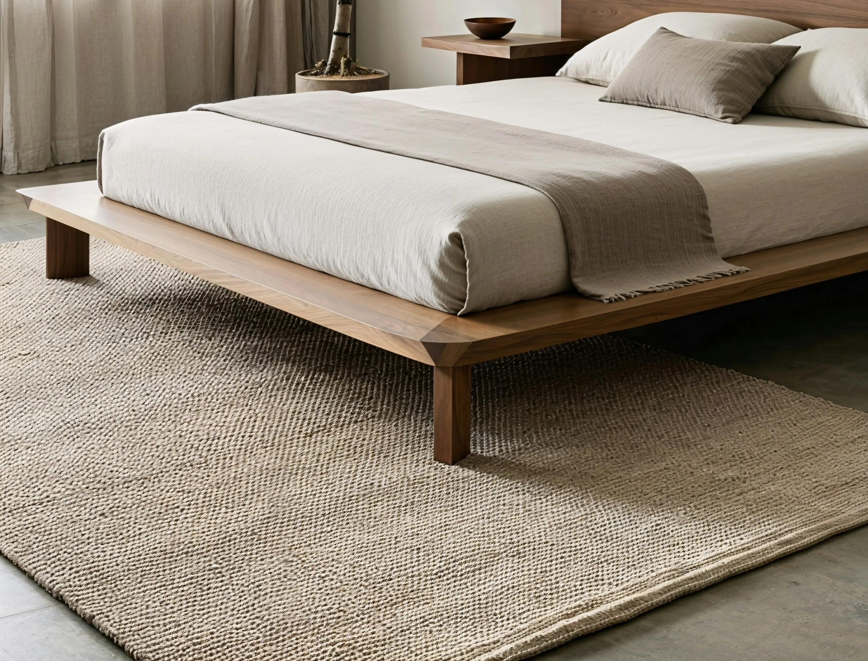 A textured natural cream rug sits underneath warm wooden bed.